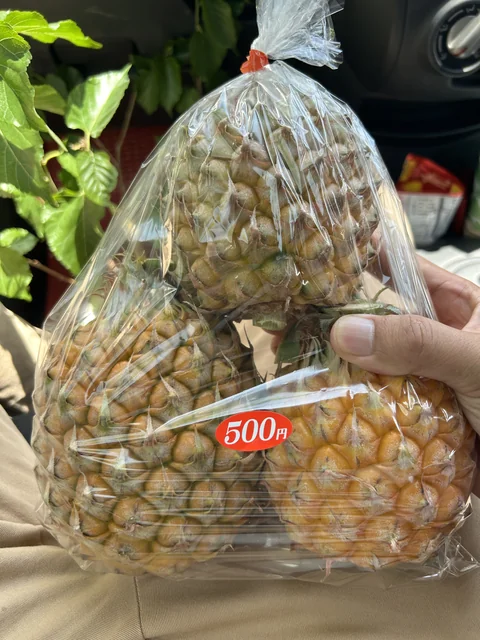 Cheap and delicious fully-ripe pineapple purchased at an unmanned sales stand